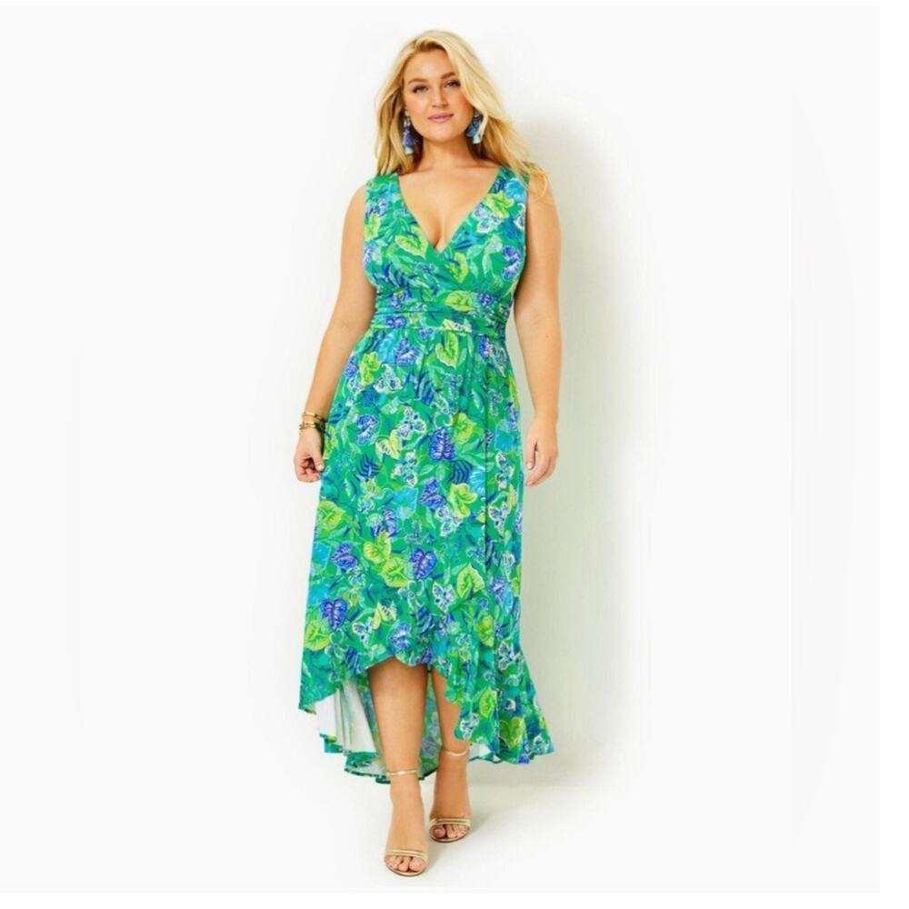 Lilly Pulitzer Moana Wrap Maxi Dress Botanical Garden Green Floral V-Neck Sz XL